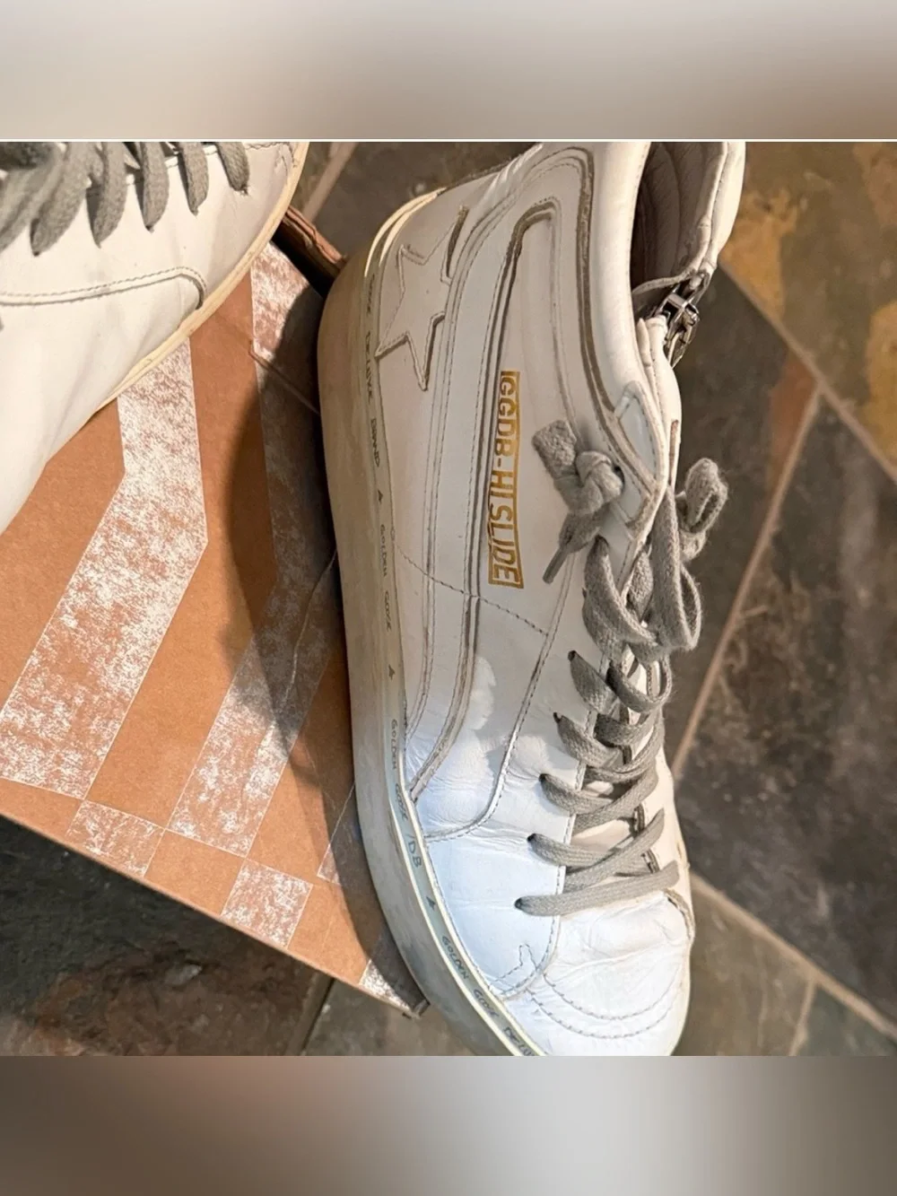RARE ⭐️ Golden Goose Leather White Hi-Top Distressed Size 9 Hi- Slides - Picture 6 of 8